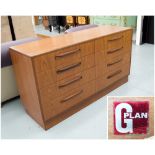 G PLAN CHEST, 1970's teak with eight drawers, 142cm W x 44cm D x 75cm H.