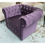 ARMCHAIR, Chesterfield style in purple with glass buttons, 115cm W.