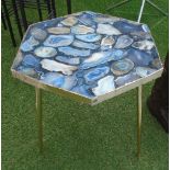 LOW OCCASIONAL TABLE, with a hexagonal agate decorated top on turned supports, 49cm x 43cm x 48.