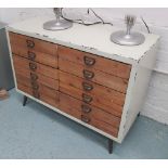 CABINET, 1960's style with six drawers in distressed finish, 103cm x 40cm x 73cm H.