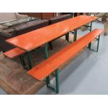 'BEER GARDEN' FOLDING DINING TABLE, with two matching folding benches, all on green metal supports,