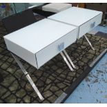 TABLES, a pair, white frosted glass with one draw on chromed supports.