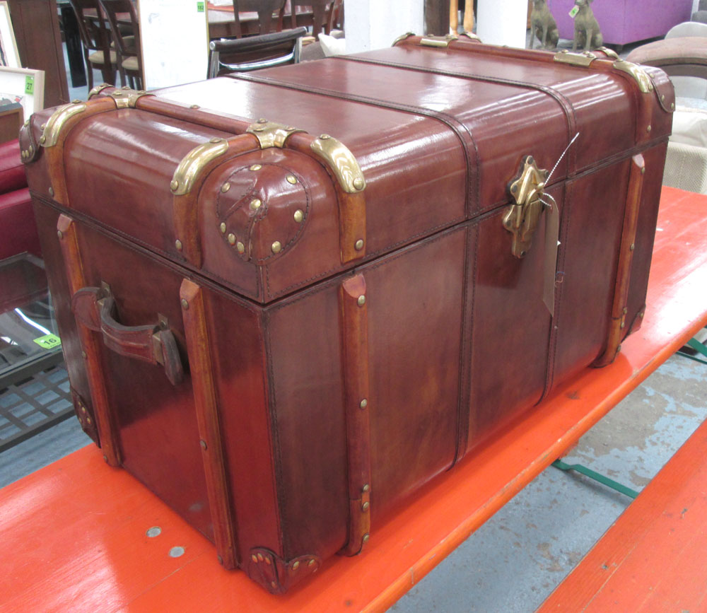 LEATHER STORAGE CHEST, Ralph Lauren style tanned leather finish with brass fittings, lined interior,