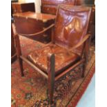 CAMPAIGN ARMCHAIR, 20th century Danish teak and stitched coach leather and brass bolts and cushion,