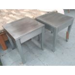 STAINLESS STEEL TABLES, a pair, each of simple form with square top, 50cm H x 45cm W.