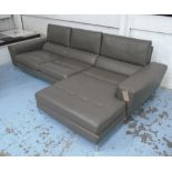 CORNER SOFA, in grey leather, on chromed metal supports, 187cm x 160cm.