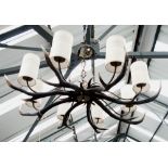 CHANDELIER, with antler frame and white shades.