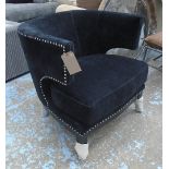 BLACK EASY CHAIR, in an alacantra with studded details, 80cm x 81cm x 70cm.