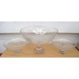 CAKE STANDS, a pair, in glass 27cm diam x 13cm H, plus a glass bowl 39cm diam x 27cm H.