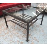 LOW TABLE, patinated metal with square glass inset top and trellis undertier, 45cm H x 68cm W.