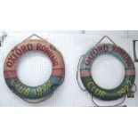 DECORATIVE LIFE BUOY RINGS, a pair, marked 'Oxford Rowing Club 1922', 68cm diam.