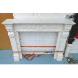 FIREPLACE, white marble with leaf decoration, 151cm W x 78cm H x 31cm D (as one piece).