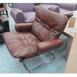 ARMCHAIR, 1970's slung chromed framed two cushion tan brown button leather.