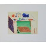 DAVID HOCKNEY, 'Behind the curtains', lithograph in colours, 15cm x 19cm,