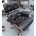 EAMES STYLE CHAIR, in black leather on bent wood frame with chromed metal swivel base, 76cm W.