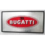 LACQUER PANEL, in silver metallic leaf, of Bugatti sign, 51cm x 102cm.
