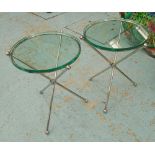 SIDE TABLES, a pair, circular with glass top on chromed metal supports, 44cm diam x 60cm H.