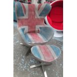 ARNE JACOBSEN STYLE EGG CHAIR, with matching stool in a weathered Union Jack print linen upholstery.