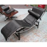 LOUNGER, Corbusier style in black leather on chromed metal frame on black metal stand, 158cm L.