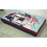 LOW STOOL, rectangular in 'USA' themed cover, 22cm H x 122cm W x 69cm D.