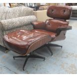 LOUNGER ARMCHAIR AND STOOL, Charles Eames design, veneered bentwood,