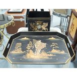 METAL TRAY, Chinoiserie style, 63cm x 46cm, together with a metal bin with crest decoration,