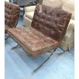 BARCELONA CHAIR, in distressed brown leather, 67cm x 86cm H x 85cm.