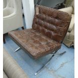 BARCELONA CHAIR, in distressed brown leather, 67cm x 86cm H x 85cm.