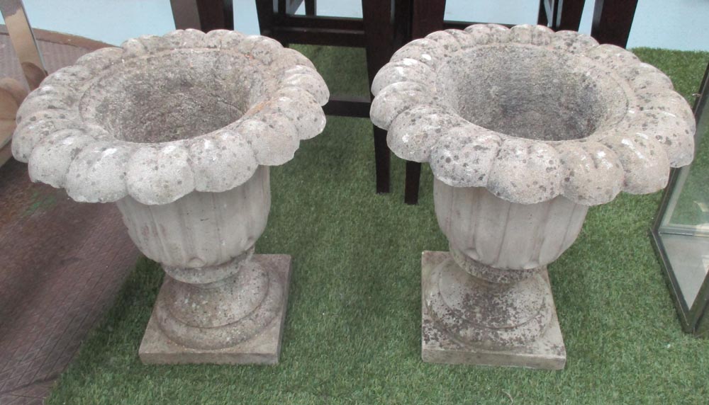 GARDEN POTS, a pair, in reconstituted stone, 50cm H x 45cm diam (with faults).