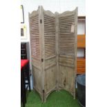 WOODEN LOUVRE SCREEN, French style comprising three slatted panels, in a slightly distressed finish,