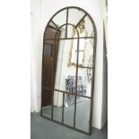 ARCHITECTURAL MIRROR, with arched top within a metal frame, 206cm x 109cm.