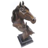 EQUESTRIAN BRONZE, head studies of mare and foal, signed 'Milo', marble base, 40cm H overall.