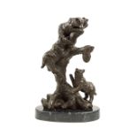 ANIMALIER BRONZE, three bears climbing tree to reach bees. marble base, 38cm H max.