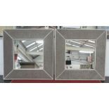 WALL MIRRORS, a pair, square leather effect frames, 60cm W.