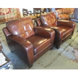 CLUB ARMCHAIRS, a pair, Art Deco design, hand finished tan stitched tan leather, 88cm W.