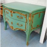 COMMODE, in a distressed effect jade green painted finish, with ormolu mounts, 130cm x 86cm.