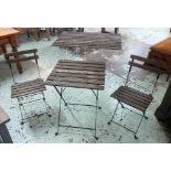 GARDEN TABLE, with a slatted wooden top, 54cm x 55cm x 71cm H, two matching folding chairs,