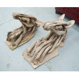 DRIFTWOOD HORSE HEADS, a pair, sculpture abstract form mounted on naturalistic plaques, 78cm H.