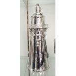 COCKTAIL SHAKER, light house form plated metal finish, 1930's style, 35cm H x 13cm diam.