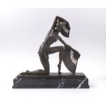 FIGURAL BRONZE SCULPTURE, study of an Art Deco style fan dancer, marble base, 40cm x 37cm H max.