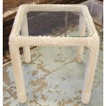 LAMP TABLE, Egyptian style white painted with moulded frame and inset square glass top,