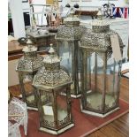 VINTAGE STYLE MOROCCAN LANTERNS, two matching pairs, in a vintage silver metal,