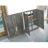 GARDEN MIRRORS, a matching pair, with slatted shutters in a vintage grey finish, 70cm x 58cm.