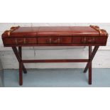 CONSOLE TABLE, Ralph Lauren style, tan leather finish, three side drawers,