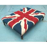 FOOTSTOOL, buttoned top union flag fabric on turned castor supports, 126cm x 92cm x 33cm H.