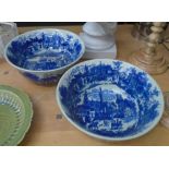 BOWLS, a pair, blue/white ceramic depicting architectural views, each 41cm diam. x 26.5cm H.