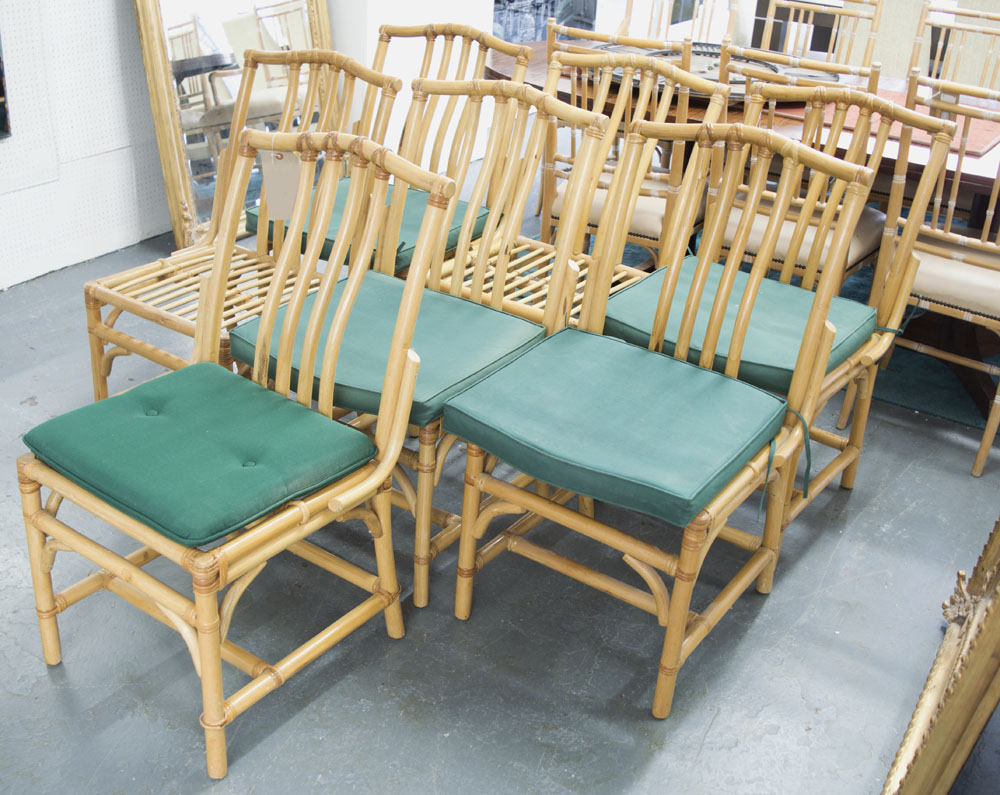 GARDEN CHAIRS, a set of seven, in faux bamboo with five squab cushion, 51cm W.