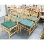 GARDEN CHAIRS, a set of seven, in faux bamboo with five squab cushion, 51cm W.