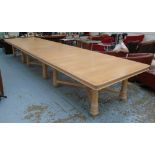 BOARDROOM TABLE, extendable, in limed oak with inlay, on turned supports,
