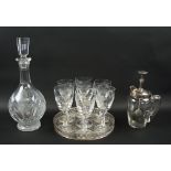 WINE GLASSES, a set of seven, with etched bowls, a plated drinks tray,